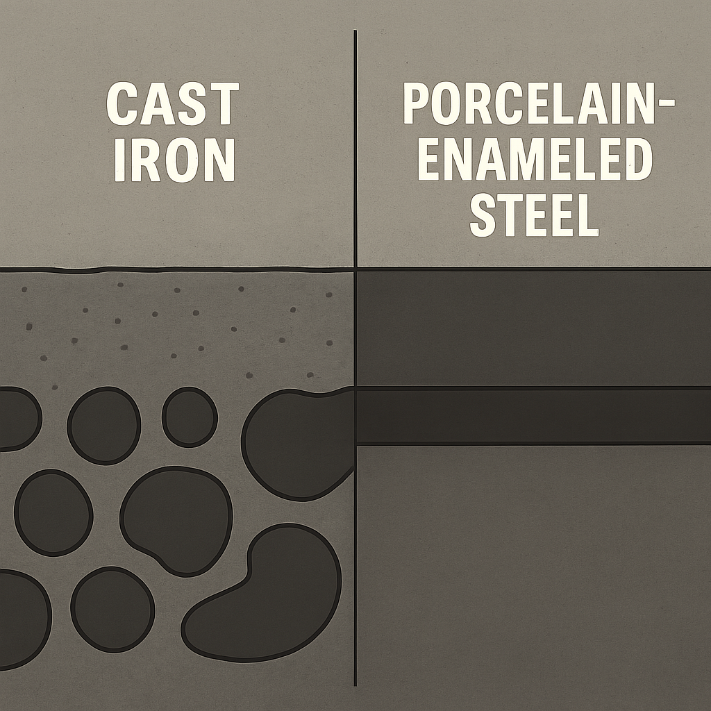 A split-view graphic showing the porous surface of cast iron versus the smooth, coated surface of porcelain-enameled steel.