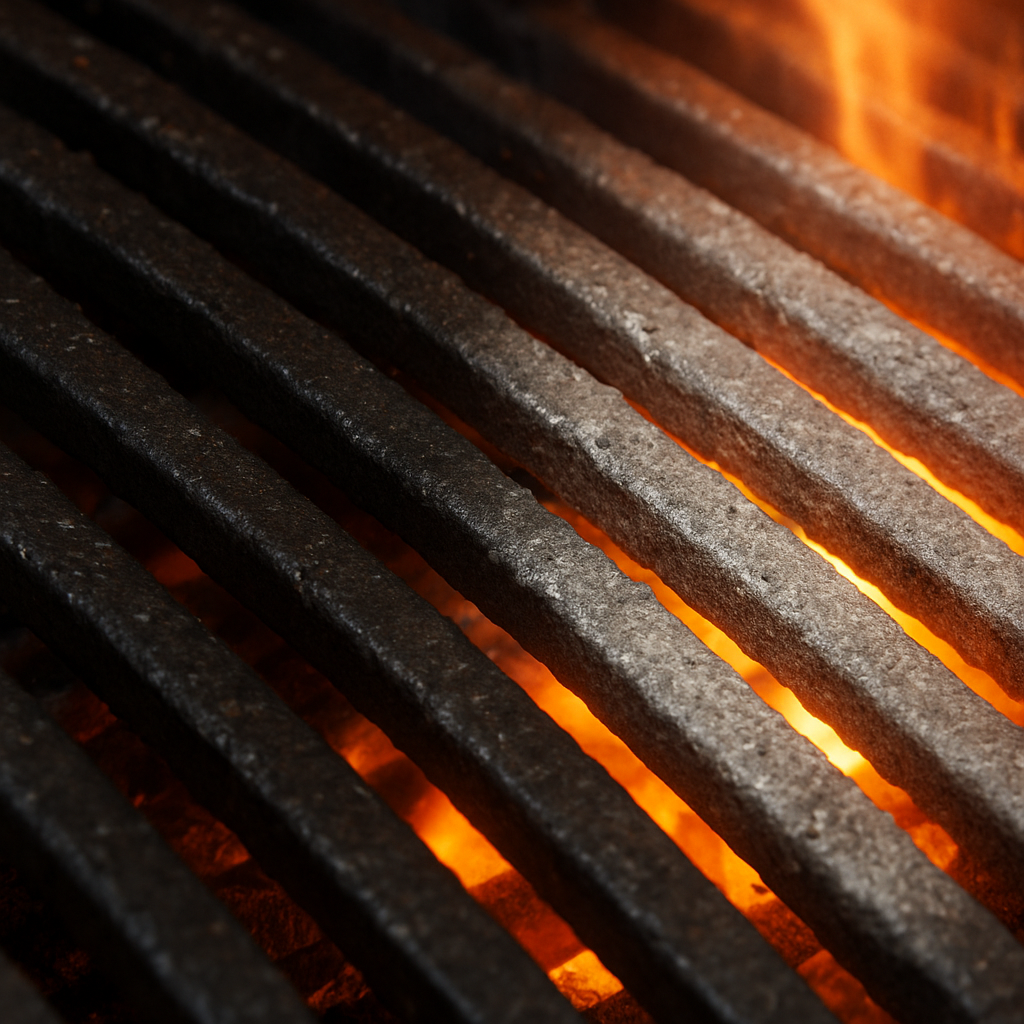 A close-up of grill grates turning from black/greasy to a grey, ashy texture under high heat.