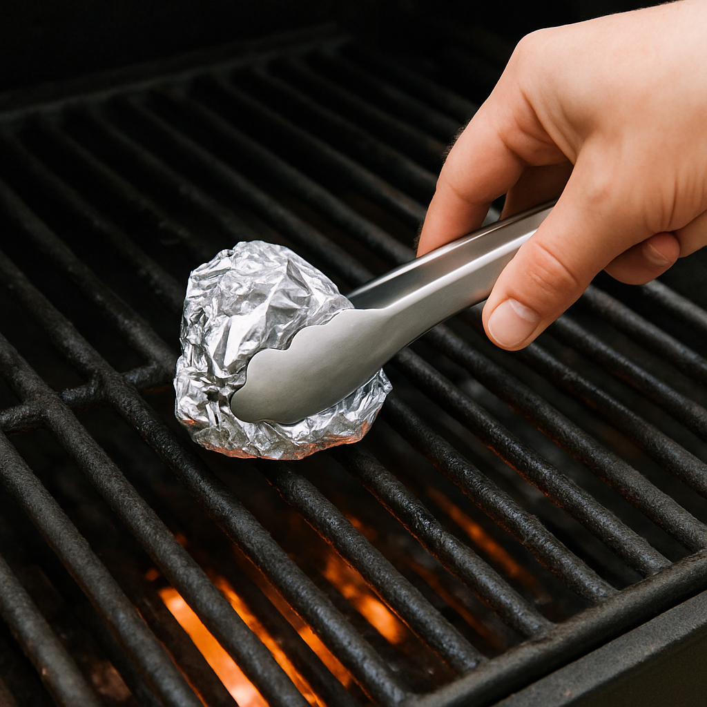 A hand using tongs to hold a crumpled ball of aluminum foil, scrubbing a warm grill grate.