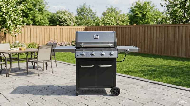 bbq cleaner A high-quality 3D animation showing an exploded view of a modern black gas grill, with the lid, grates, and internal burner components floating apart to reveal the inner heating mechanisms on a sunny backyard patio